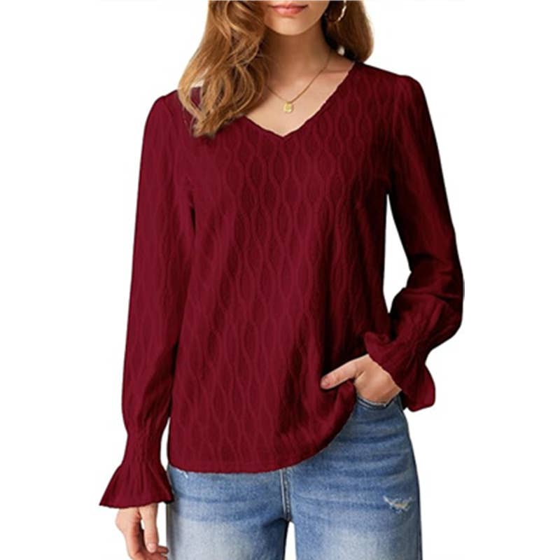 Fashion solid-color V-neck long-sleeved T-shirt