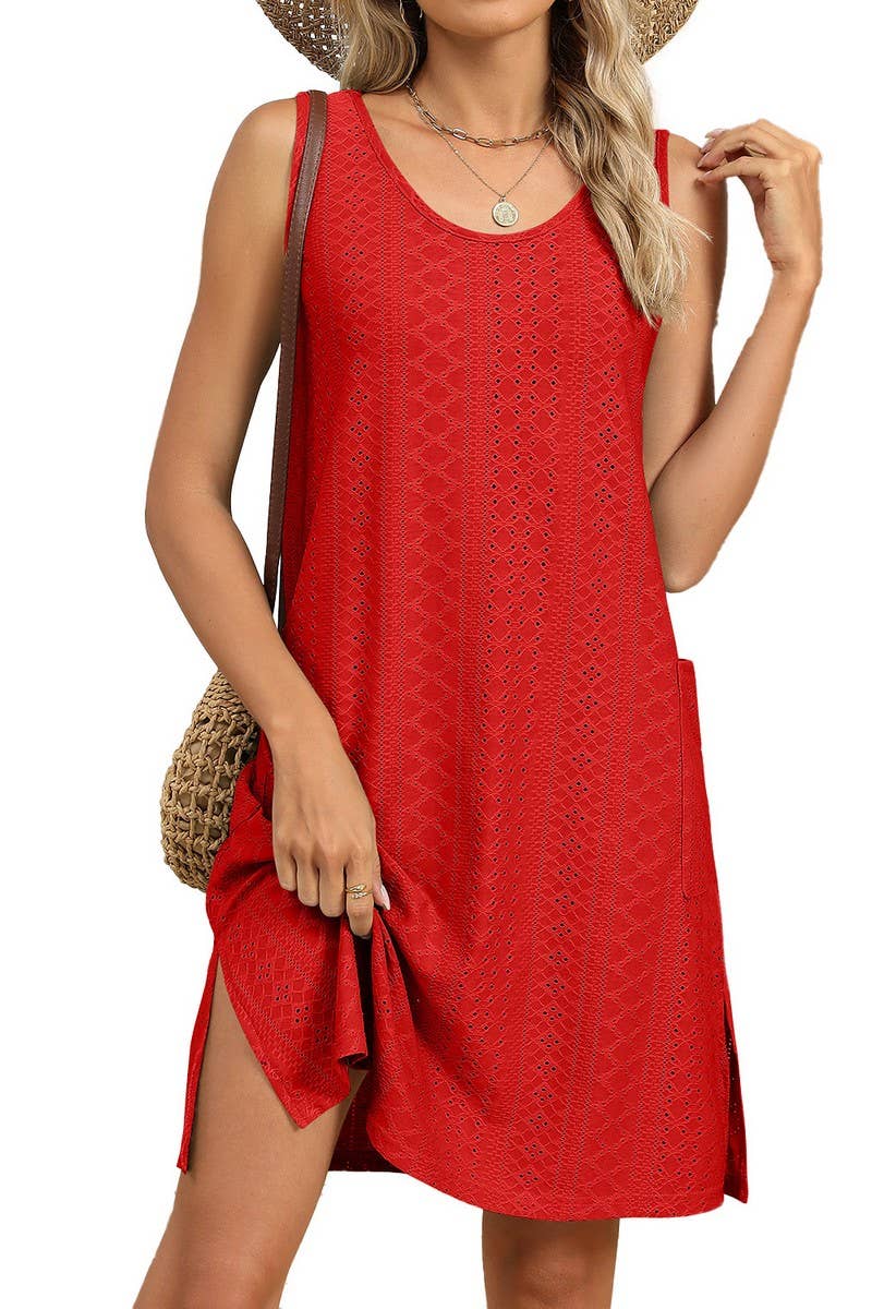 CWDSD7404_ROUND NECK LOOSE SLEEVELESS SOLID COLOR DRESS