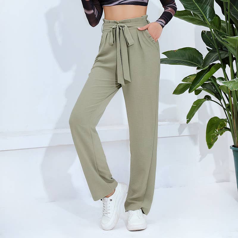 Solid Color Tie Waist High Rise Slim Fit Pants