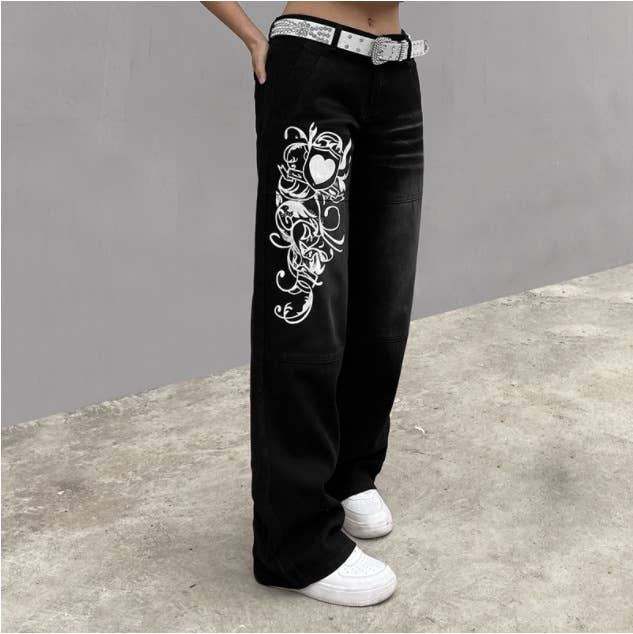 Fashion printed straight-through wide-leg jeans