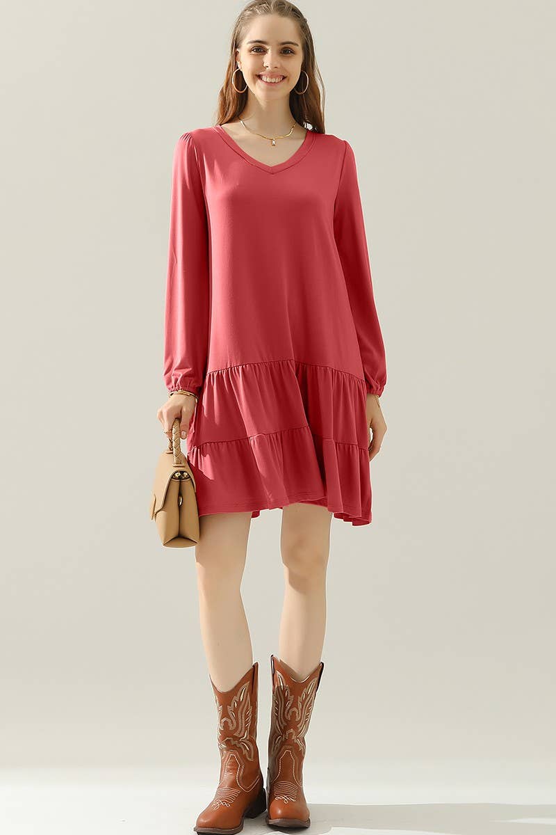 CWDSD10411_SHRRING LAYERED HEM DRESS WITH LONG SLEEVE