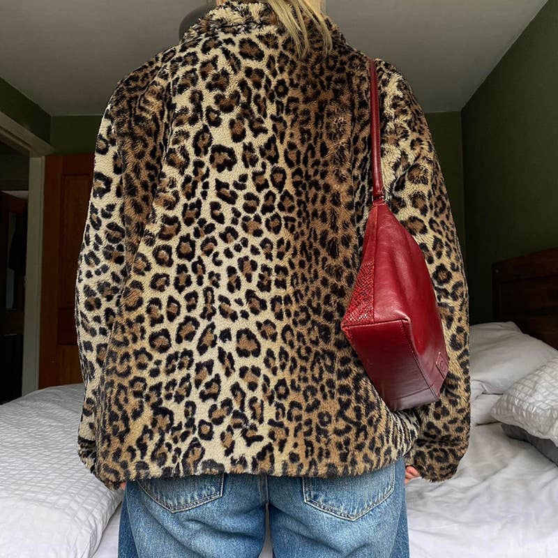 LEOPARD PRINT FUR LAPEL BAGGY VINTAGE ZIP HOODIE
