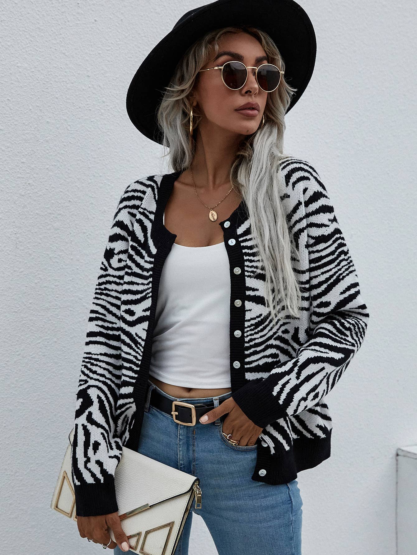 Cardigan Crewneck Sweater For Women_Cwocal0649