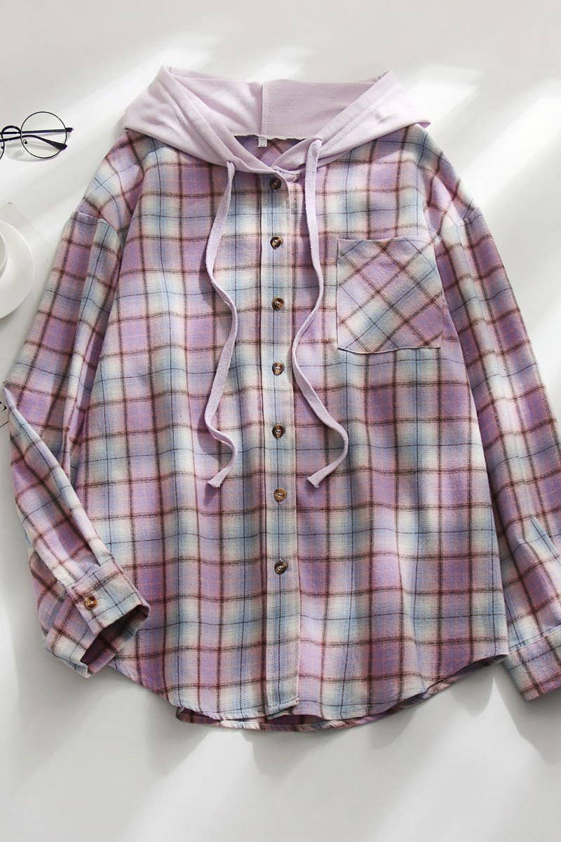 CWOCO1101_CASUAL HOODED COLORBLOCK PLAID SHIRT COAT