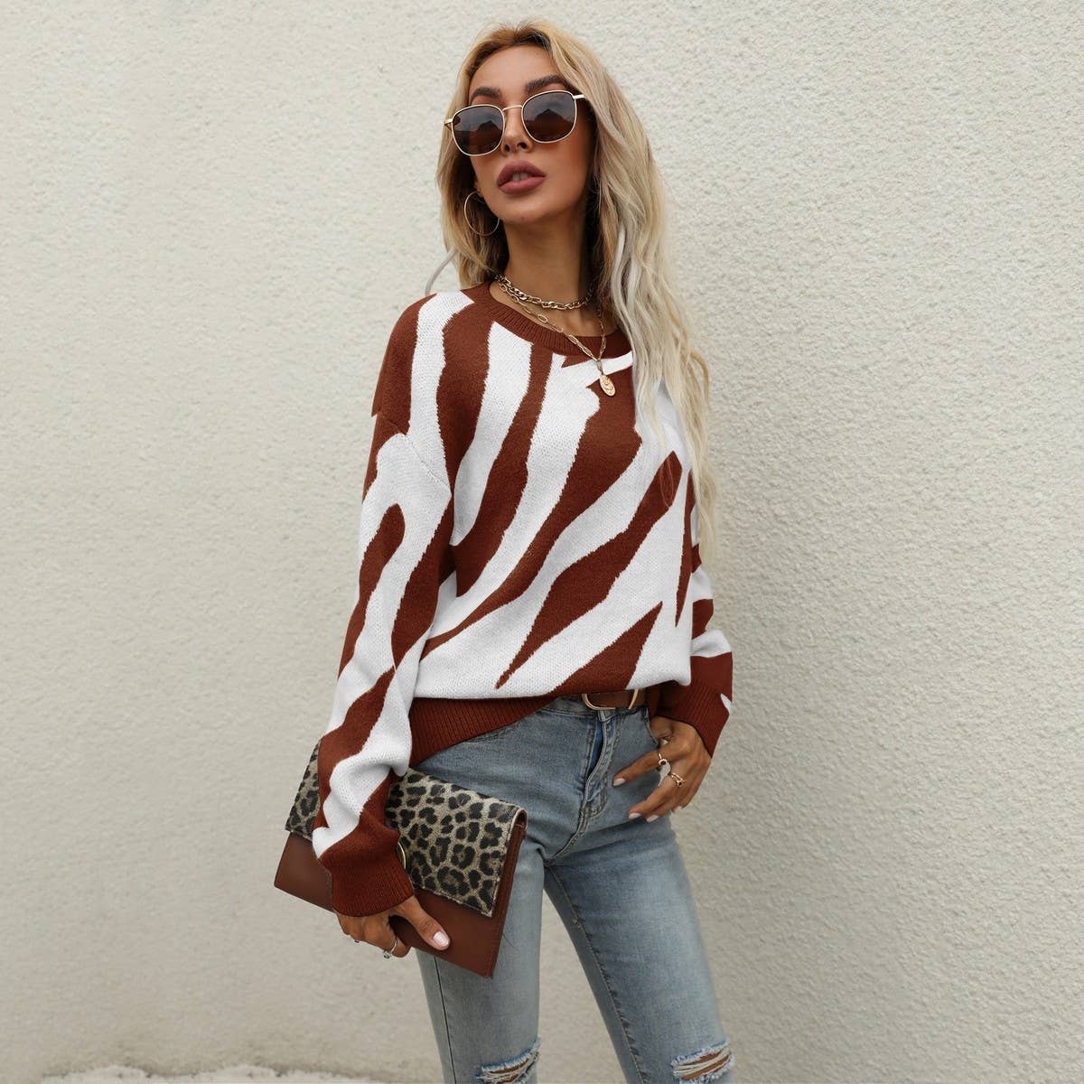 Striped stylish knit pullover sweater