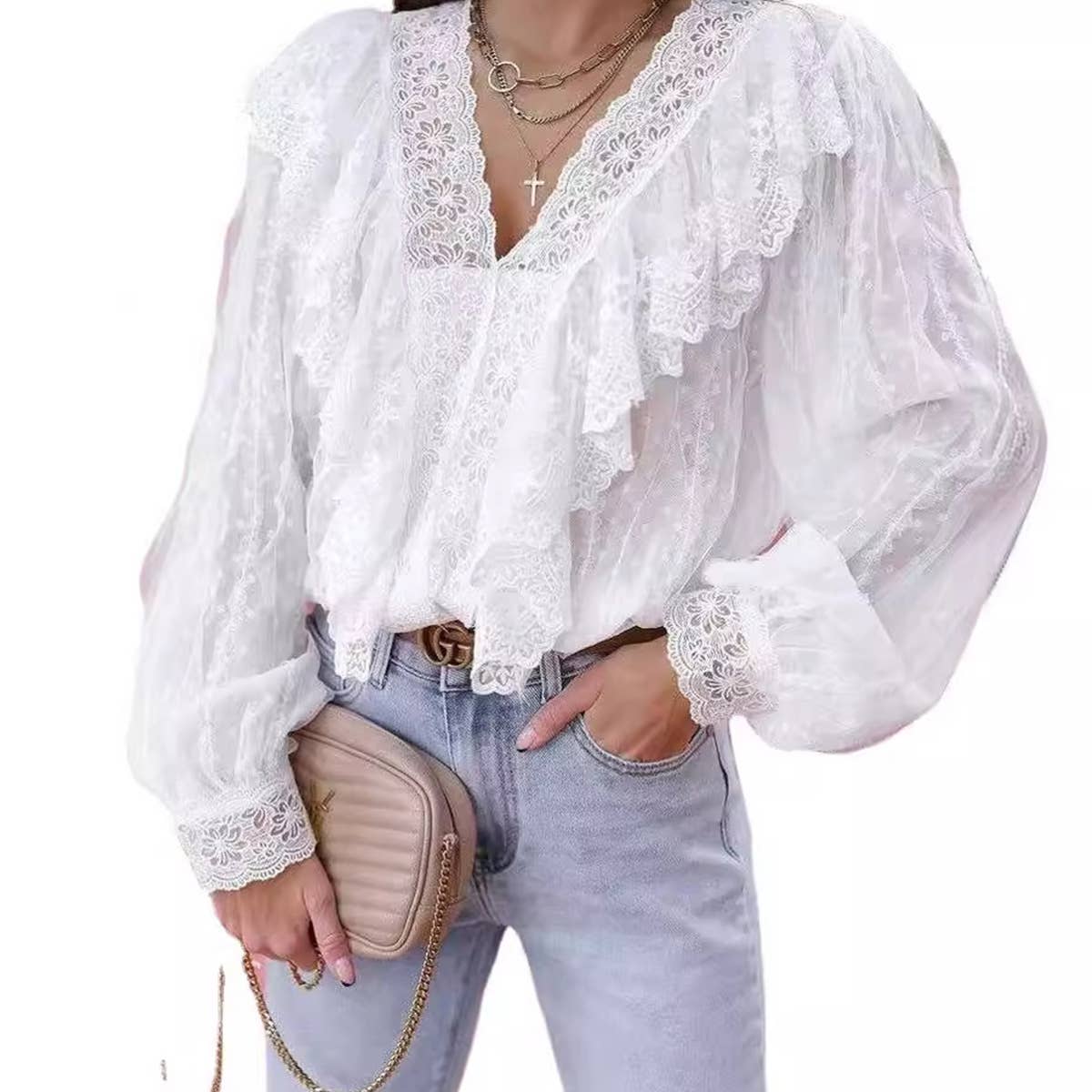 Lace V-neck patchwork ruffled shirt
