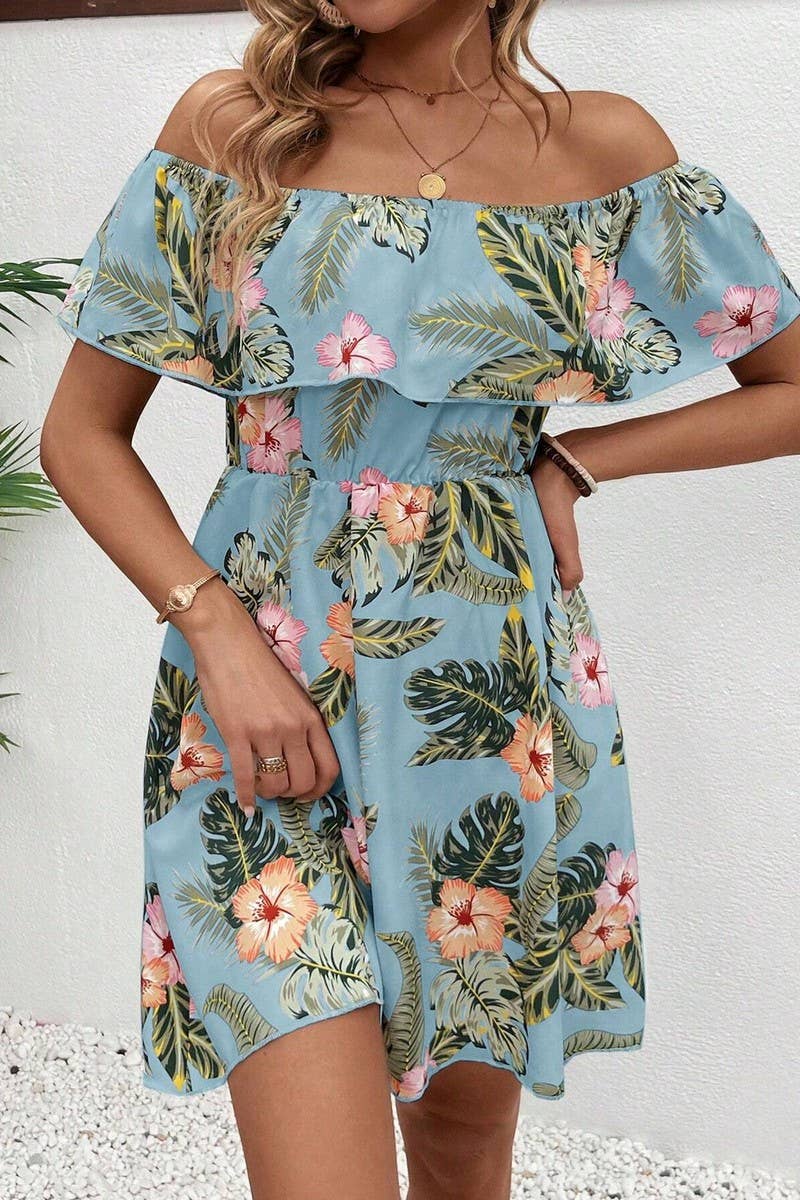 CWDTD0410_PRINTED OFF-SHOULDER DRESS WITH RUFFLED COLLAR