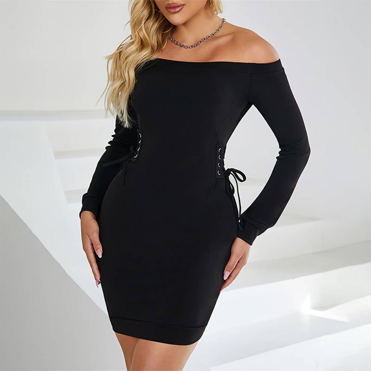 Drawstring waist slim-fit sexy one-shoulder dress