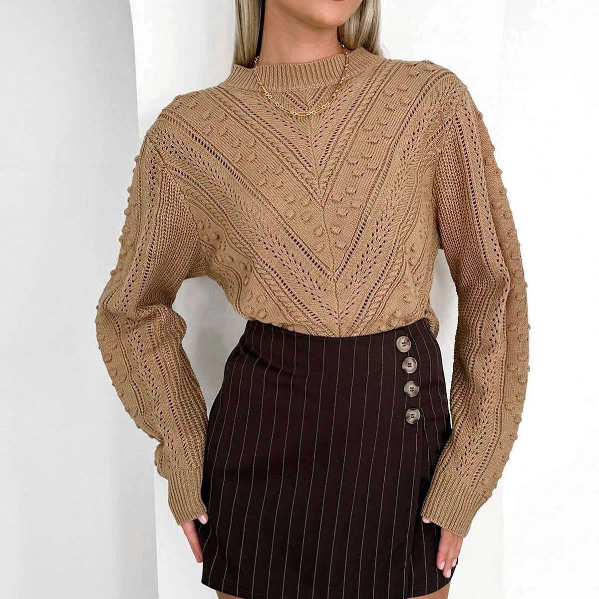 Solid color turtleneck with round neck floral twist