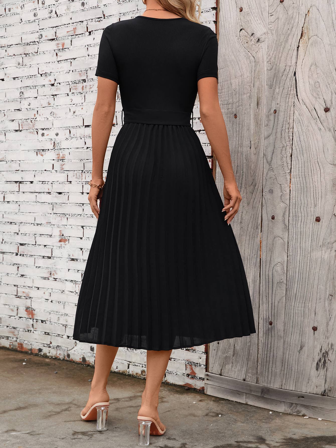 KNIT PATCHWORK PLEATED HEM DRESS