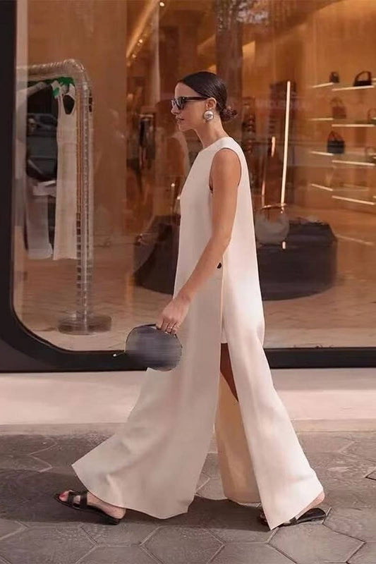 CWDMD2734_SOLID COLOR ROUND NECK SLEEVELESS SLIT LONG DRESS