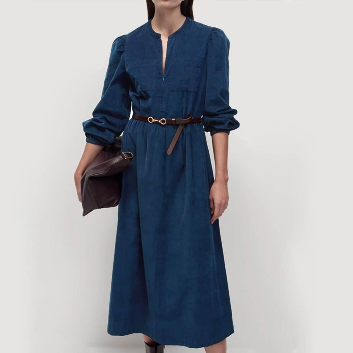 SOLID COLOR CORDUROY LONG LONG-SLEEVED DRESS