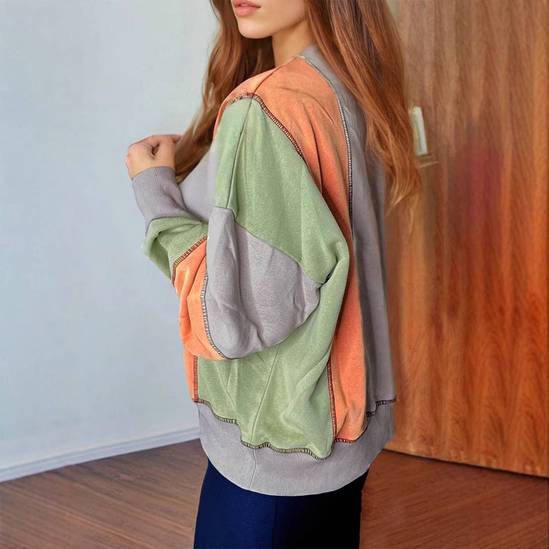 SIMPLE FASHION COLOR MATCHING CASUAL PULLOVER TOP
