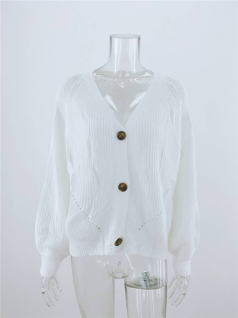 SOLID COLOR BUTTON-DOWN V-NECK SWEATER