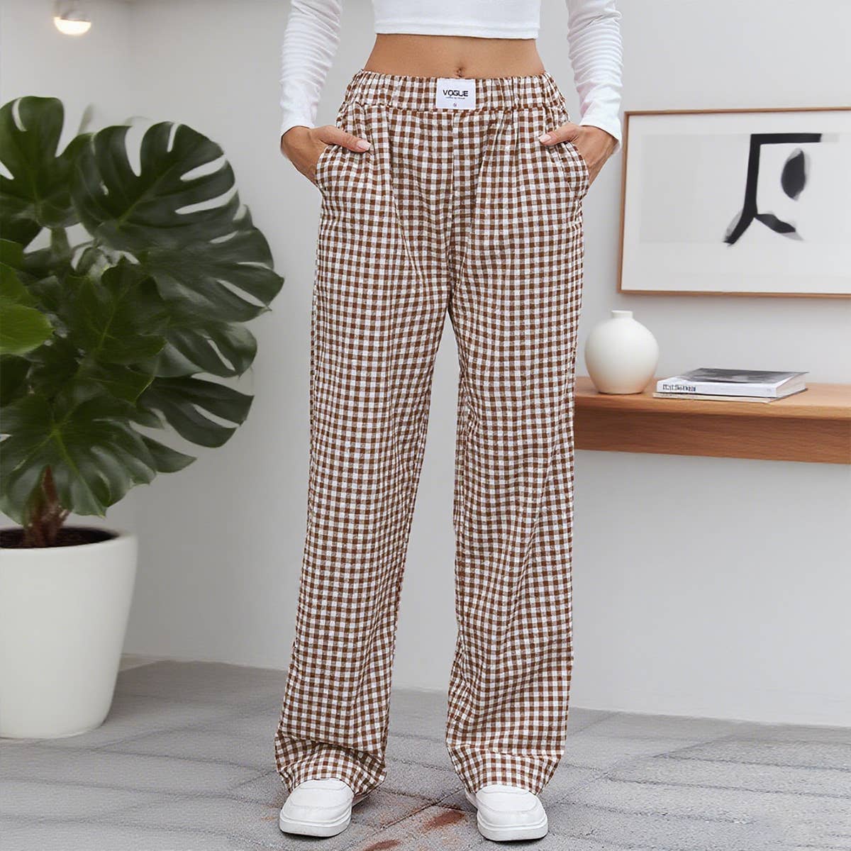 Pure cotton checkered casual loose trousers