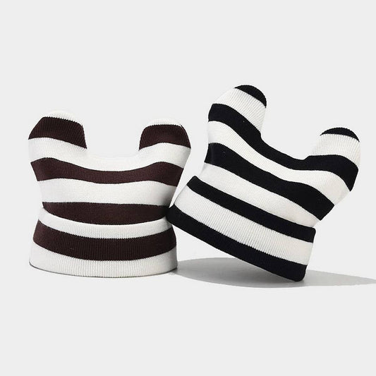 ARTISTIC RETRO STRIPED COW EAR KNITTED HAT_CWAH2127