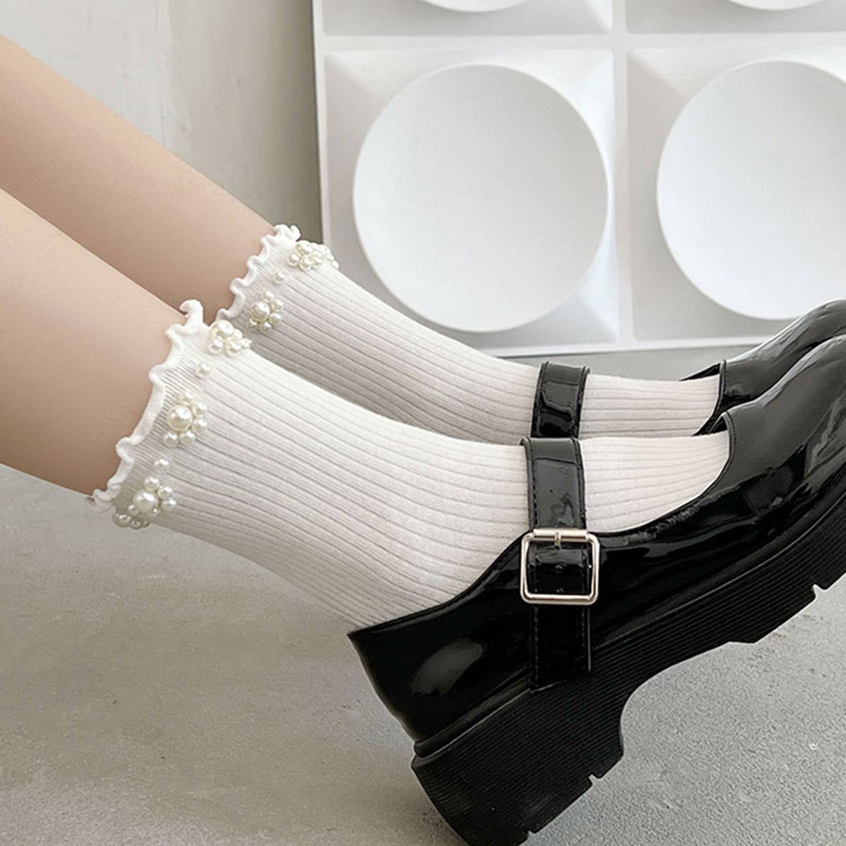 PEARL ORNAMENT COTTON CREW SOCKS_CWMS0283