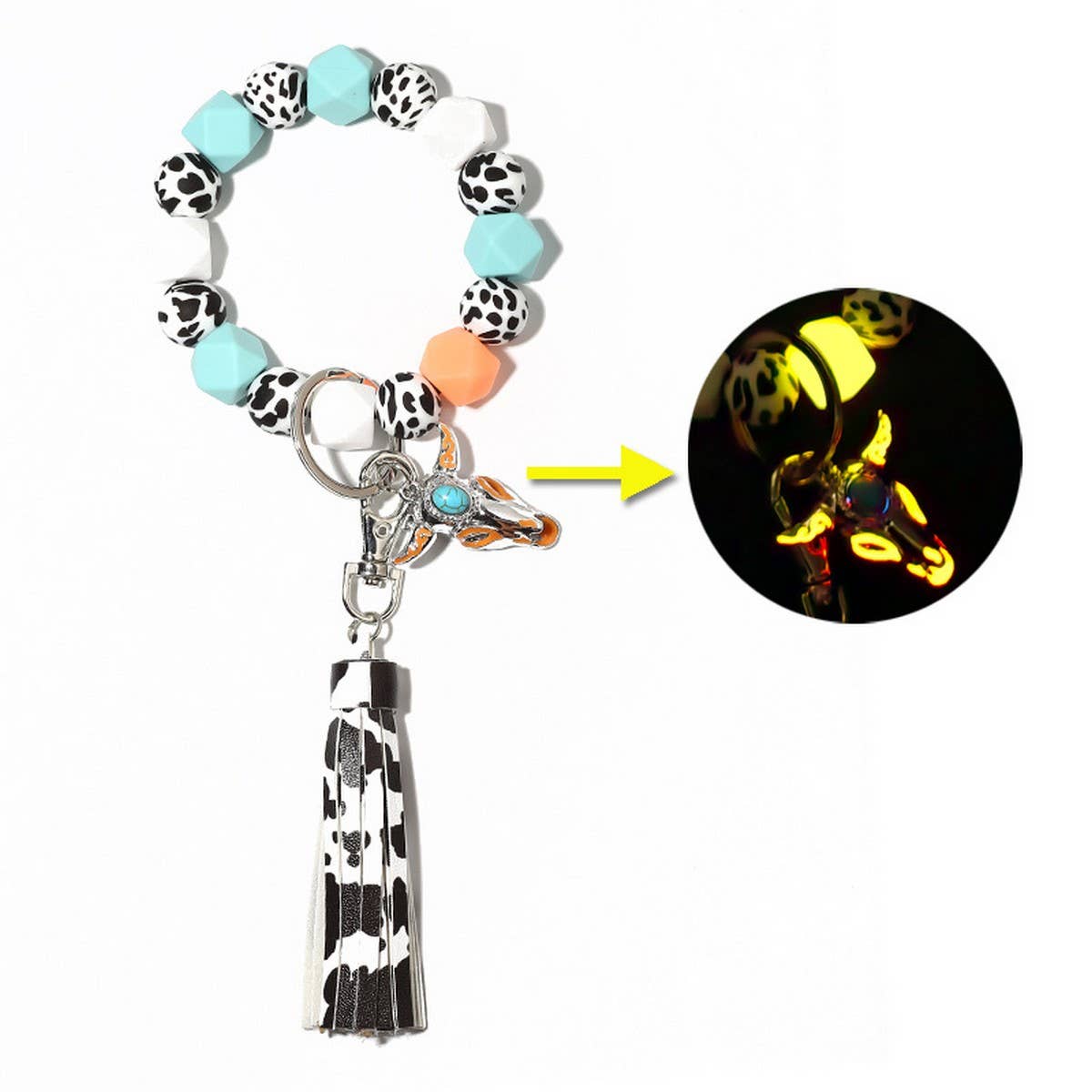 Glow Bull Head Silicone Bead Bracelet Keychain_CWAB5096