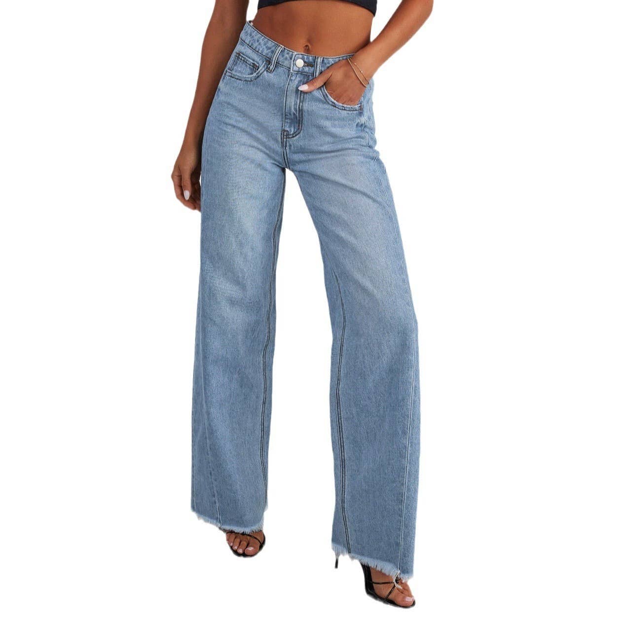 Washed loose casual straight-leg wide-leg jeans