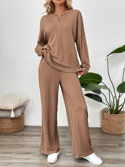 Long sleeve pants suit in button-up fabric
