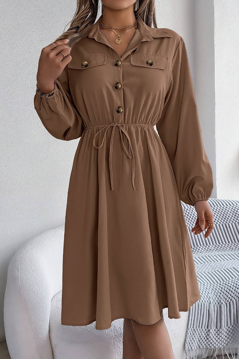 CWDSD6424_CASUAL BUTTON-DOWN WAIST SHIRT DRESS SHORT