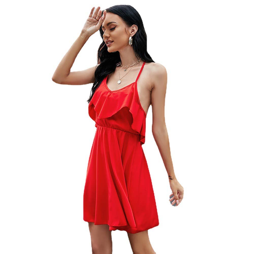 SOLID COLOR BACKLESS PLEATED SKIRT TRIM DRESS