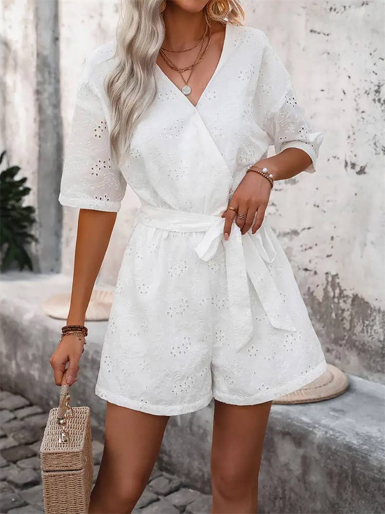 Waist romper with hollowed embroidery