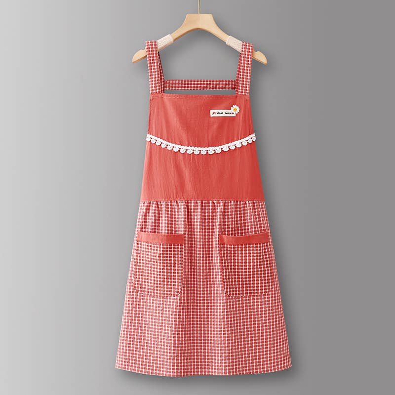 Cotton Striped Grid Kitchen Apron with Pocket