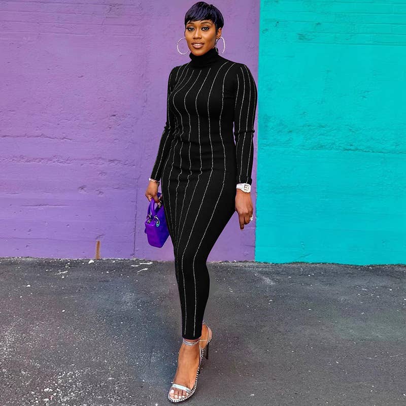 FASHION ETHOS DRILL SLIM DRESS WITH HIGH NECK