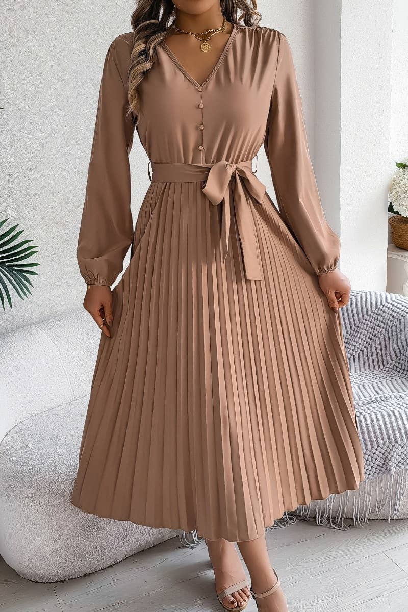 CWDMD3479_V-NECK LONG SLEEVE LACE-UP PLEATED DRESS LONG