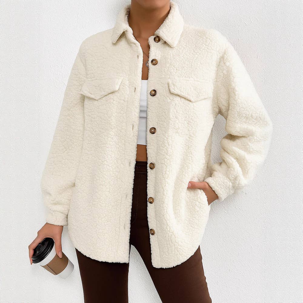 Solid-colored long-sleeved lapel fleece coat