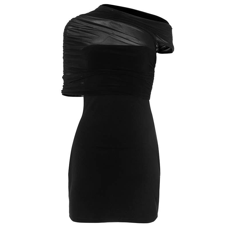 Sheer Mesh One-Shoulder Bodycon Dress