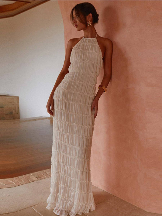 Backless pleated striped personalized dress