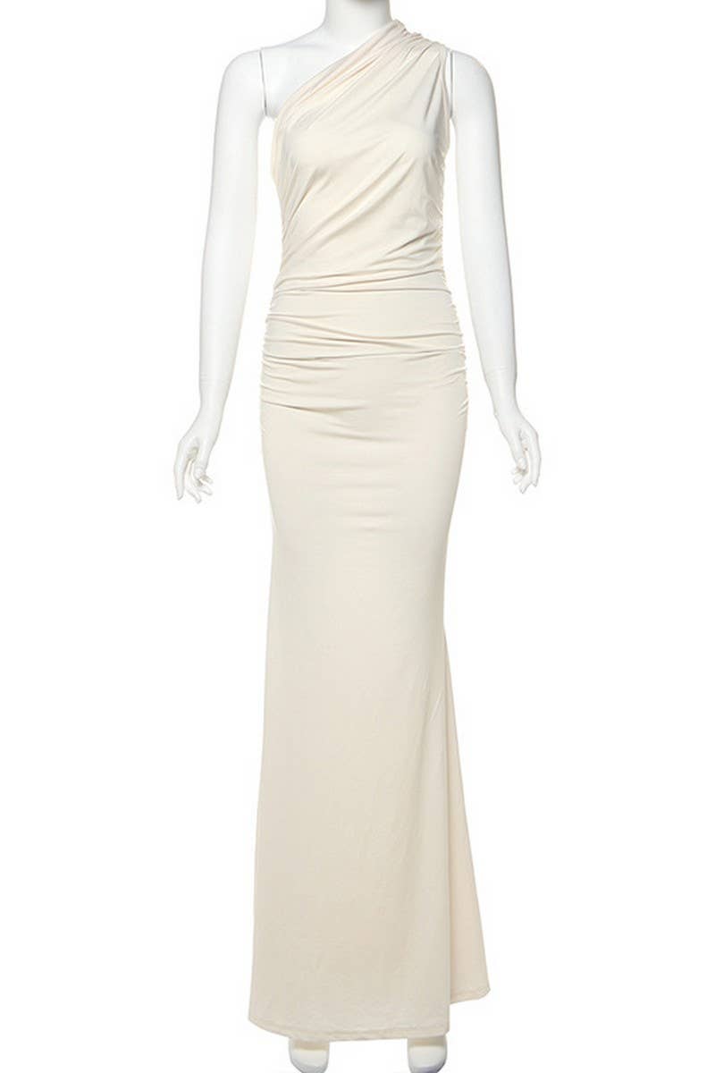 CWDMD6434_SOLID COLOR ONE-SHOULDER SLIM FIT DRESS