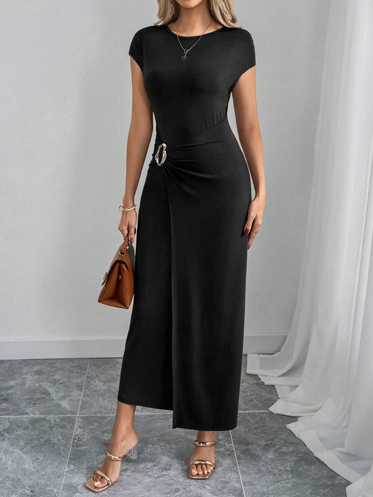Round-neck solid-color,form-fitting long dress