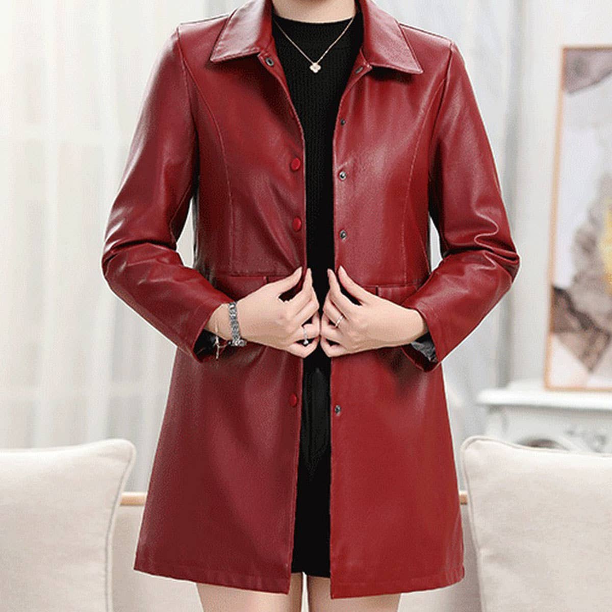 Slim Fit Mid-Length PU Jacket ??Leather Coat_CWMM9022