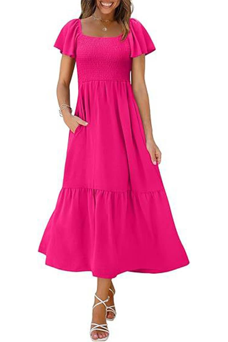 CWDMD6363_SQUARE NECK BUTTERFLY SLEEVE SHIRRED POCKET DRESS