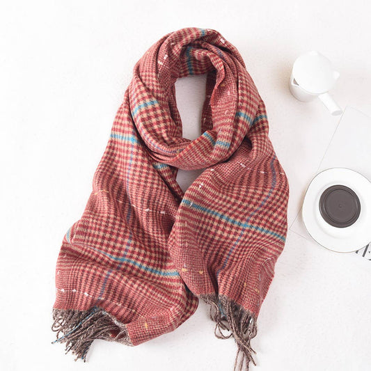 WOMEN COLOR MATCHING PLAID TASSEL WARM SCARF