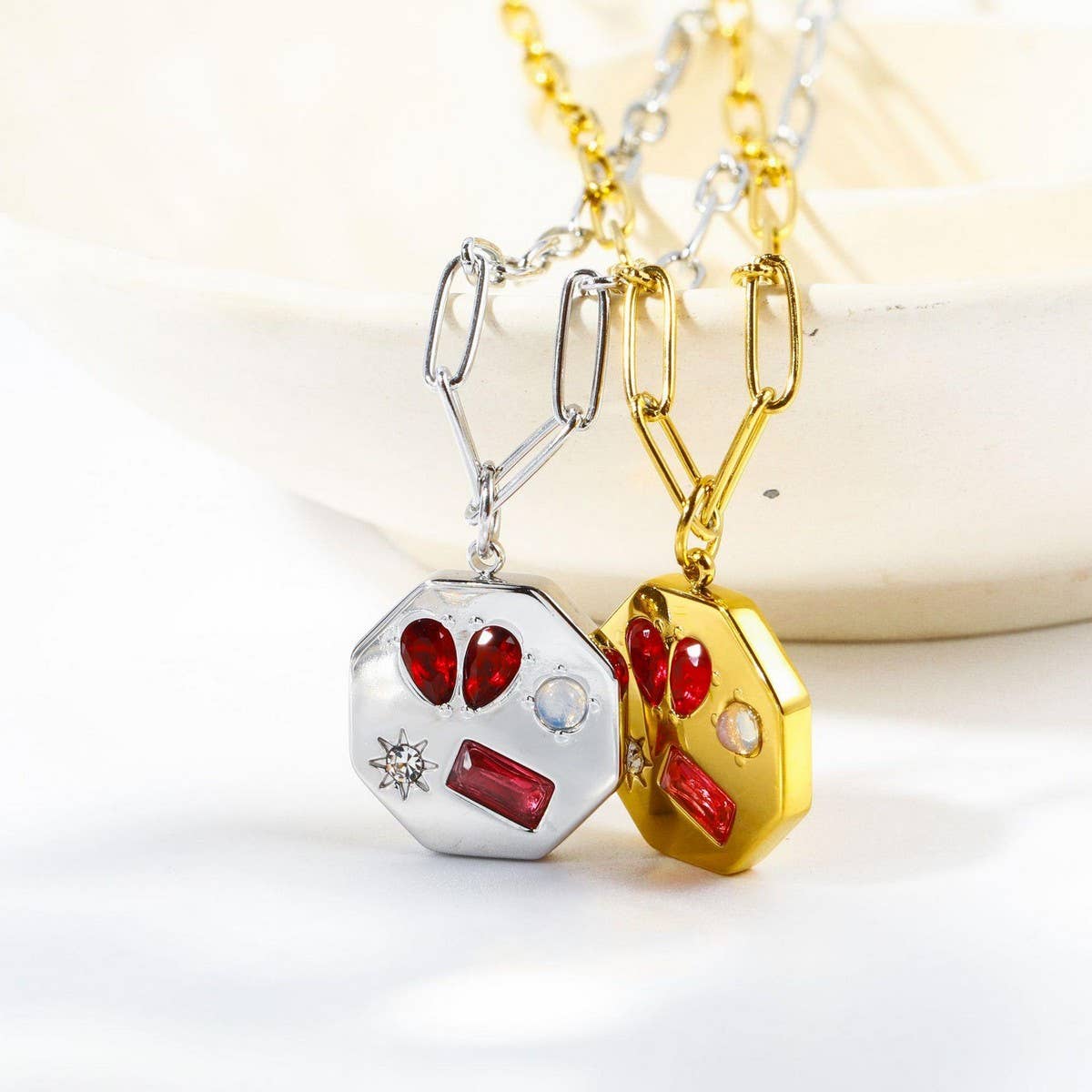 Stainless Steel Heart Gemstone Necklace_CWMM5666