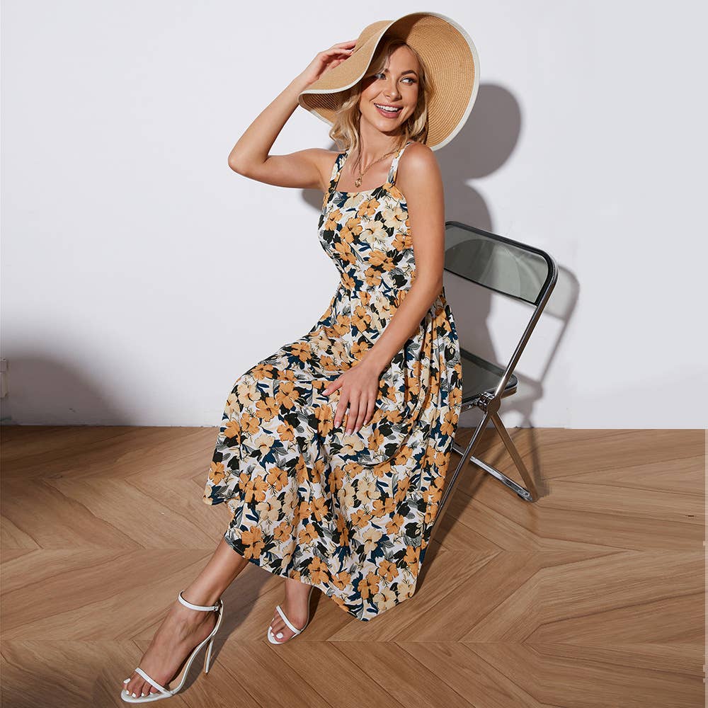 Sleeveless print French floral halter dress
