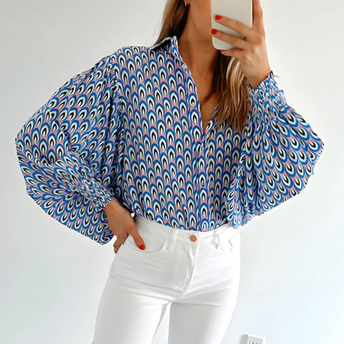 FASHION TREND ABSTRACT PRINT LAPEL SHIRT