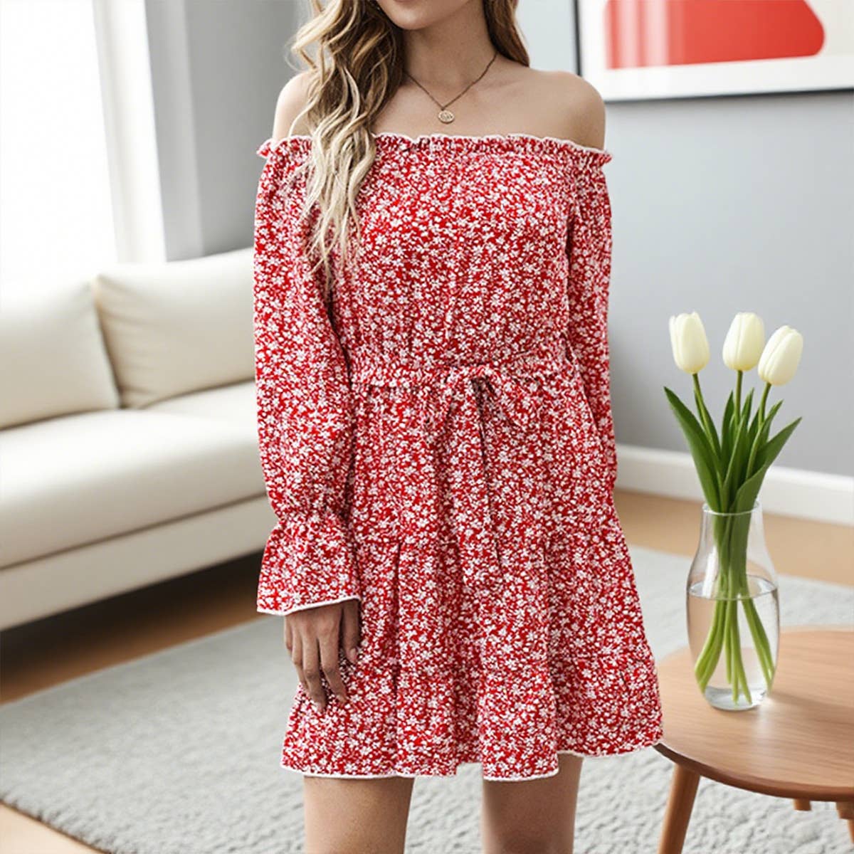 One-shoulder flared lace-up floral dress