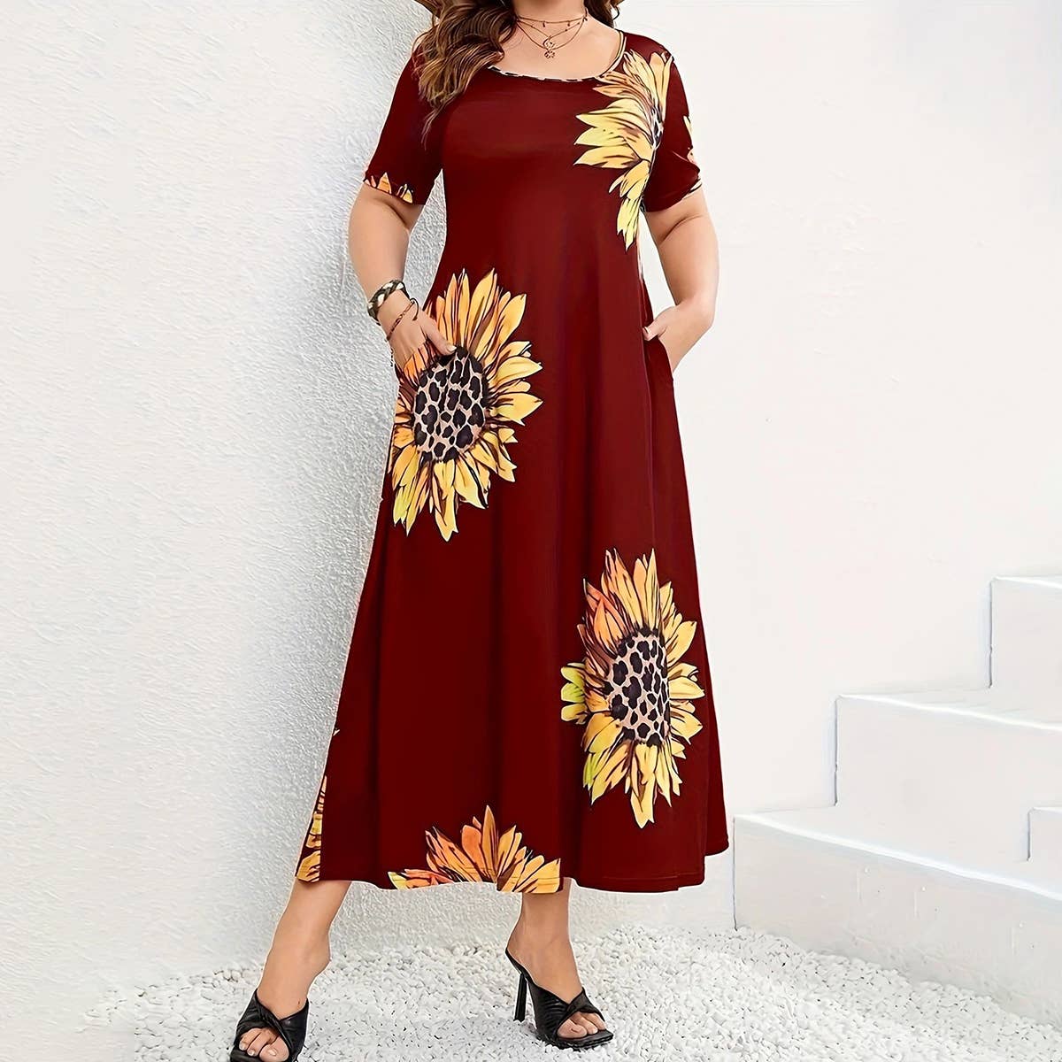 Print loose short sleeve pocket dress