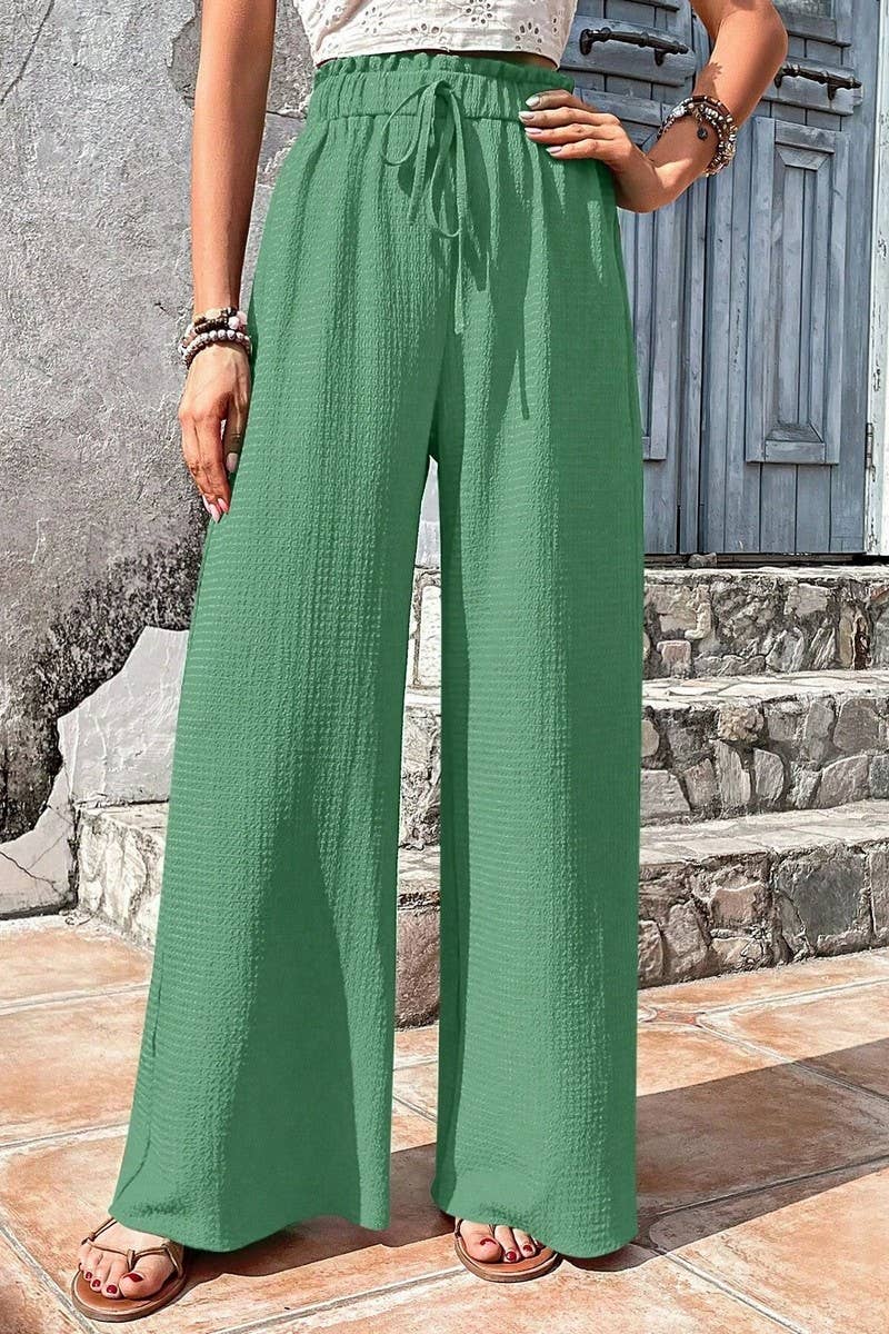 CWBLP1867_FASHIONABLE BUBBLE PLAID CASUAL WIDE-LEG PANTS