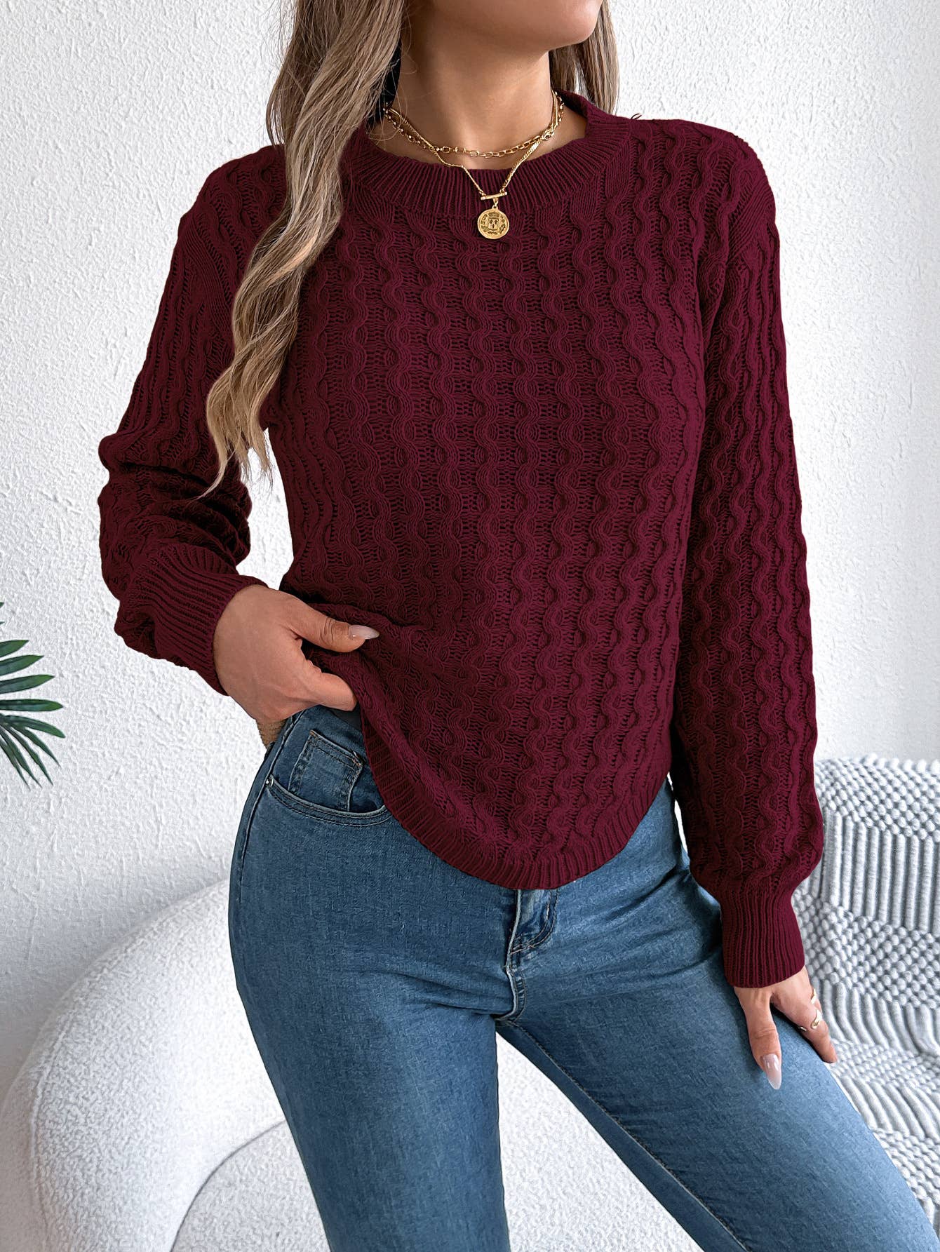SOLID COLOR TWIST PULLOVER WITH IRREGULAR HEM