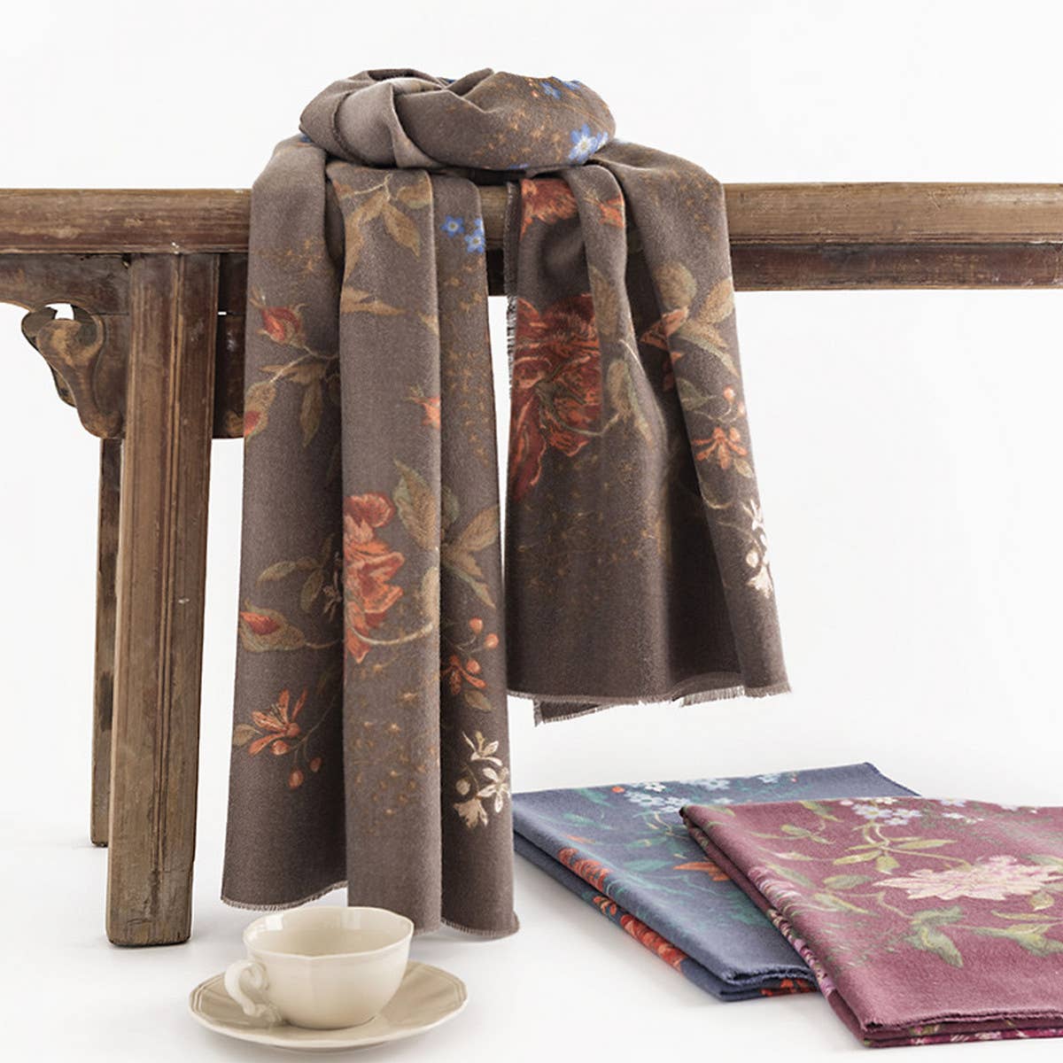 Rose Print Tassel Scarf - Boho Faux Cashmere Wrap