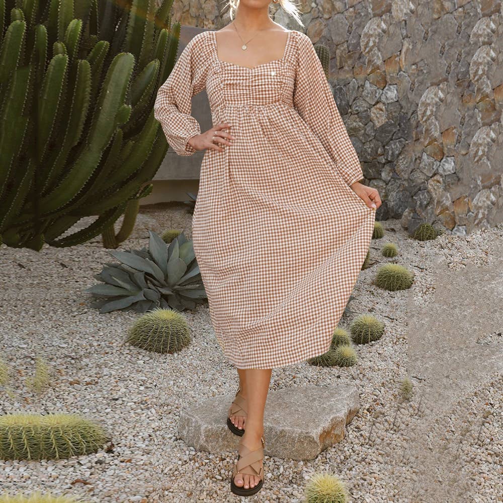 Square collar plaid loose swing mid-length dress