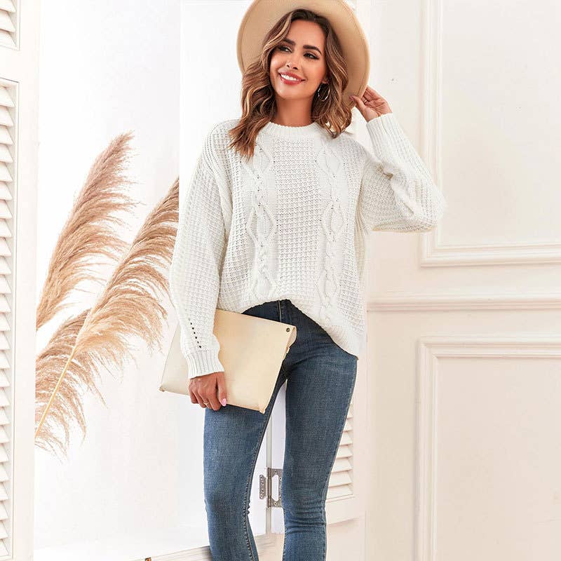 SOLID COLOR CREW NECK TWIST PULLOVER SWEATER