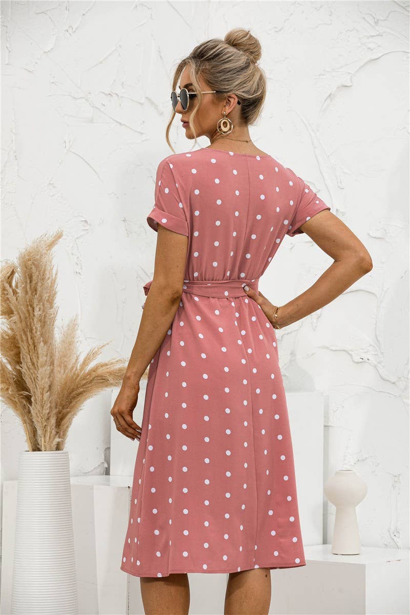 POLKA DOT BREASTED LACE UP DRESS_CWDSD2477