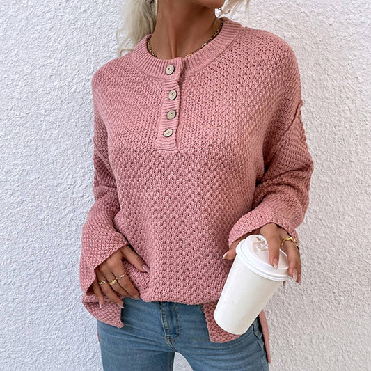 SOLID COLOR CREW NECK BUTTON UP FRONT CARDIGAN